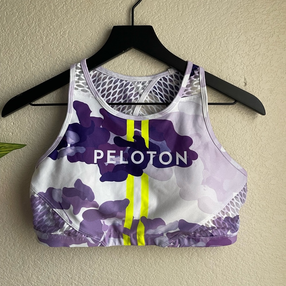 Peloton Purple Camo Sports Bra with Neon Yellow Stripe